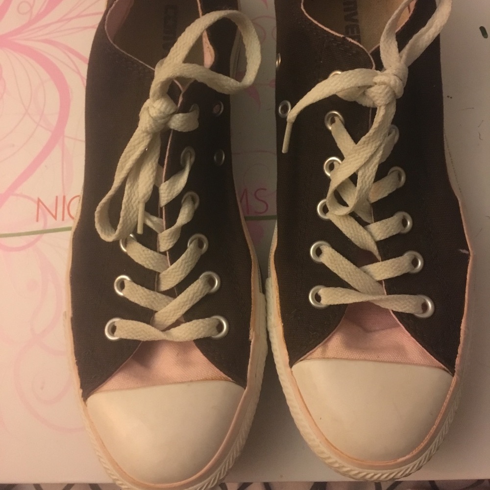 Brown and pink converse